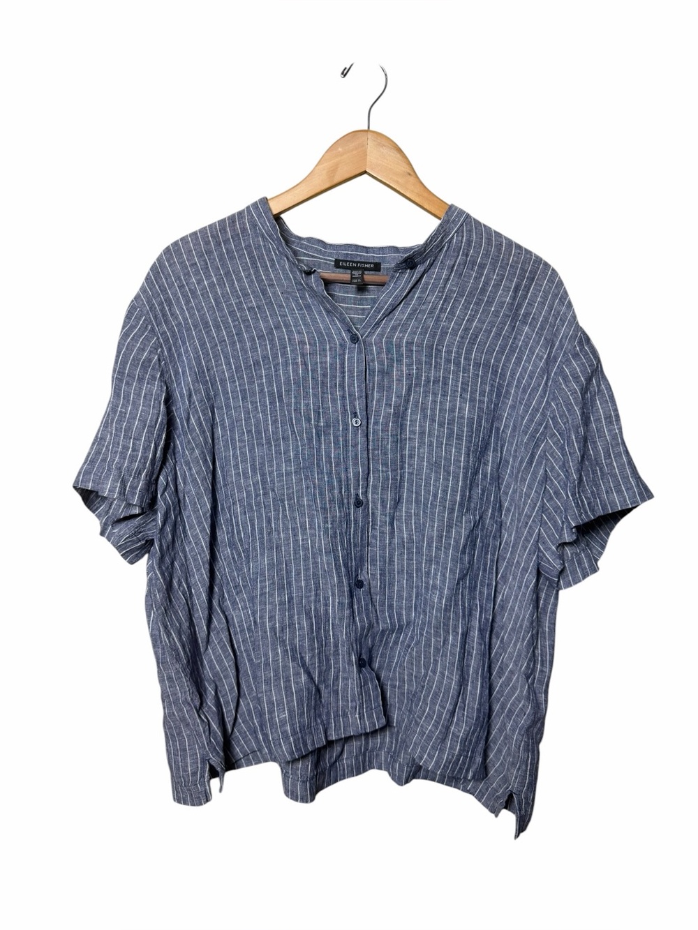 Eileen Fisher Organic Linen Blue White Pinstripe Oversized Button Front Top XL
